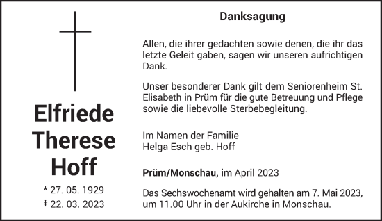 Traueranzeige von Elfriede Therese Hoff von trierischer_volksfreund