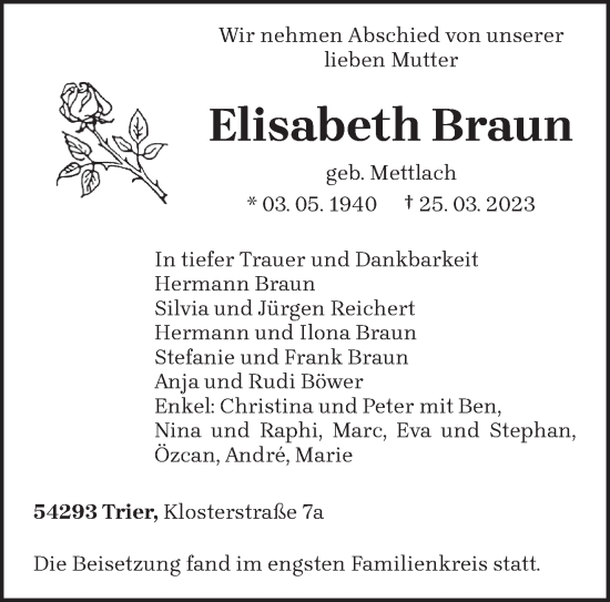 Traueranzeige von Elisabeth Braun von trierischer_volksfreund