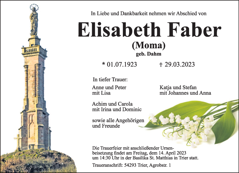  Traueranzeige für Elisabeth Faber vom 12.04.2023 aus trierischer_volksfreund