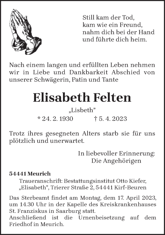 Traueranzeige von Elisabeth Felten von trierischer_volksfreund