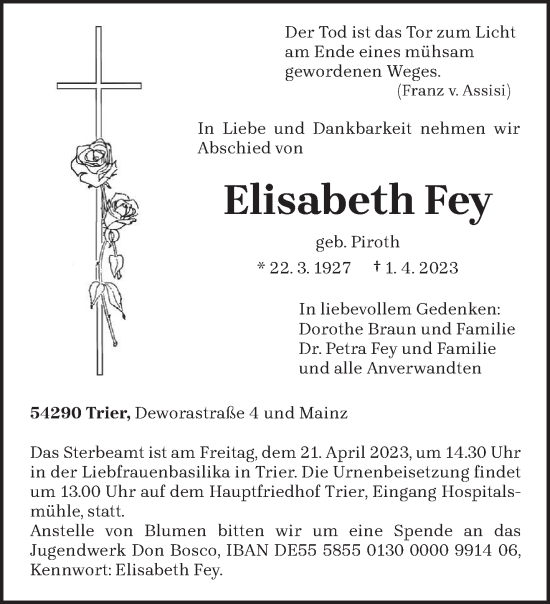 Traueranzeige von Elisabeth Fey von trierischer_volksfreund