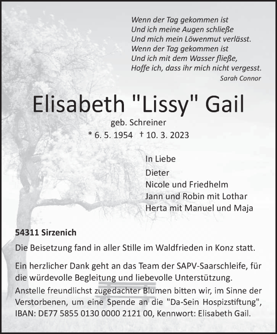 Traueranzeige von Elisabeth Gail von trierischer_volksfreund