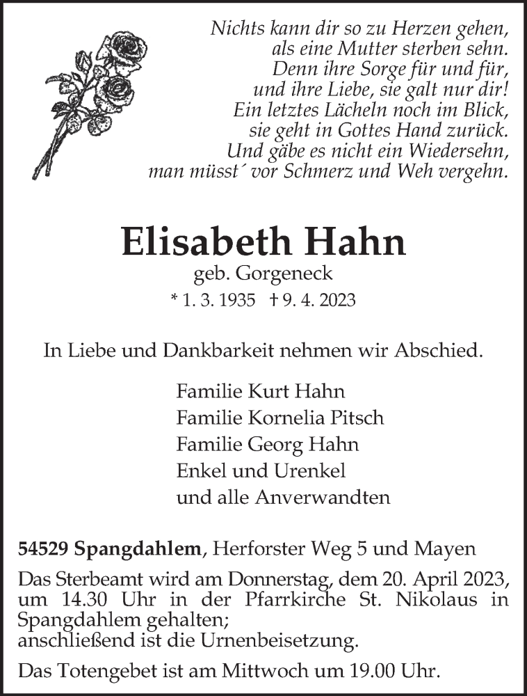  Traueranzeige für Elisabeth Hahn vom 15.04.2023 aus trierischer_volksfreund