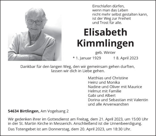 Traueranzeige von Elisabeth Kimmlingen von trierischer_volksfreund