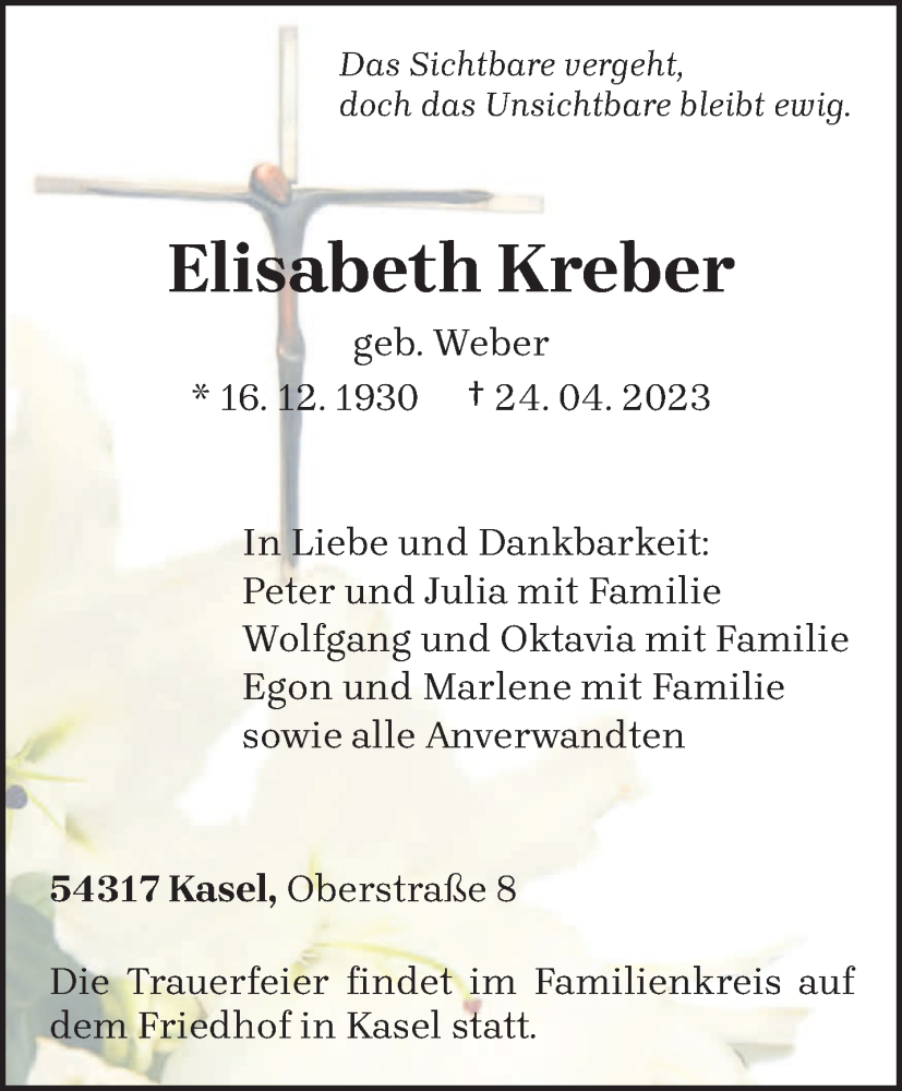  Traueranzeige für Elisabeth Kreber vom 29.04.2023 aus trierischer_volksfreund