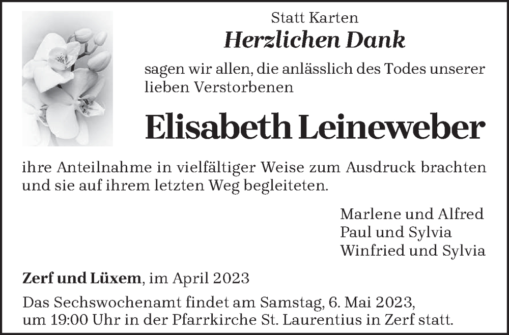  Traueranzeige für Elisabeth Leineweber vom 01.04.2023 aus trierischer_volksfreund