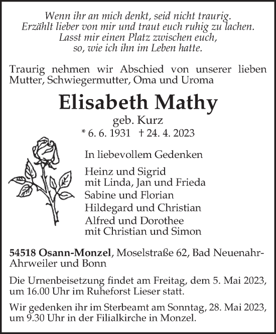 Traueranzeige von Elisabeth Mathy von trierischer_volksfreund