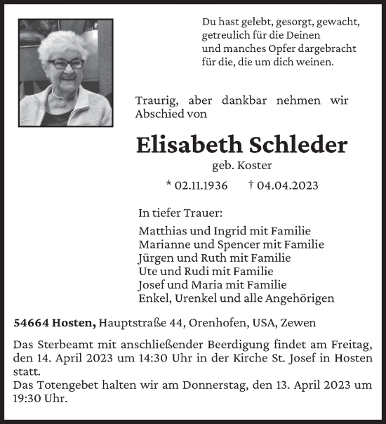 Traueranzeige von Elisabeth Schleder von trierischer_volksfreund