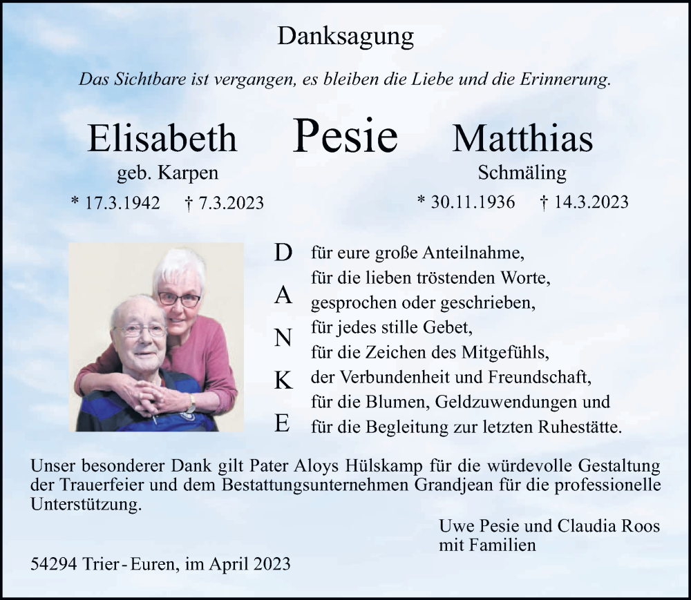  Traueranzeige für Elisabeth und Matthias Pesie vom 21.04.2023 aus trierischer_volksfreund