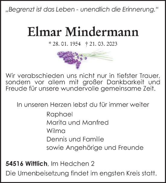 Traueranzeige von Elmar Mindermann von trierischer_volksfreund