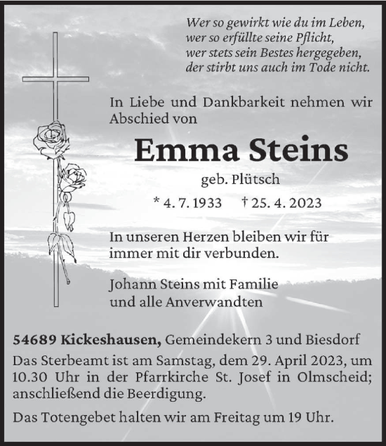 Traueranzeige von Emma Steins von trierischer_volksfreund