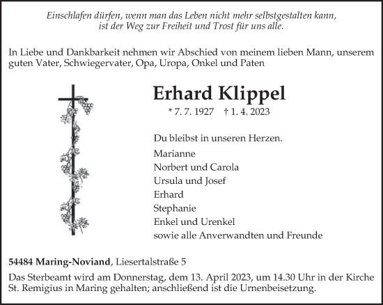 Traueranzeige von Erhard Klippel von trierischer_volksfreund