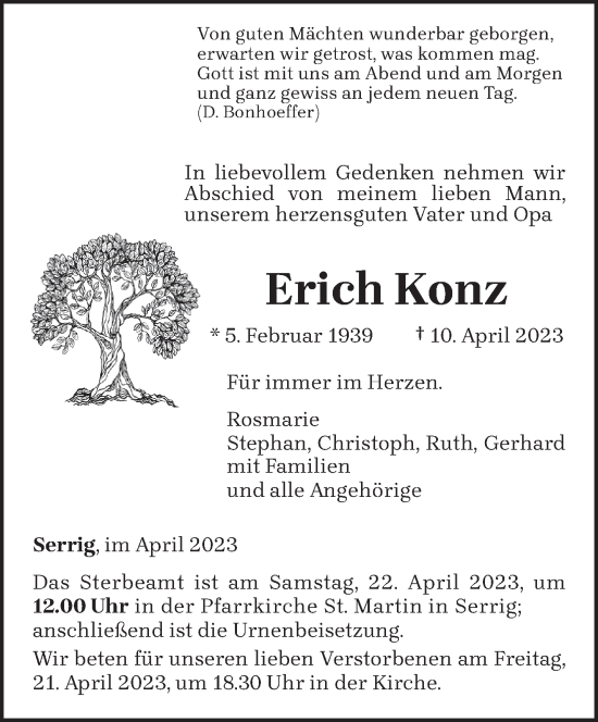 Traueranzeige von Erich Konz von trierischer_volksfreund