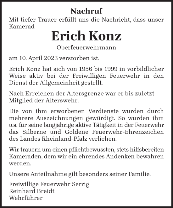 Traueranzeige von Erich Konz von trierischer_volksfreund