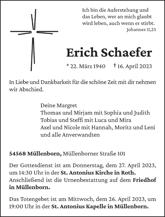 Traueranzeige von Erich Schaefer von trierischer_volksfreund