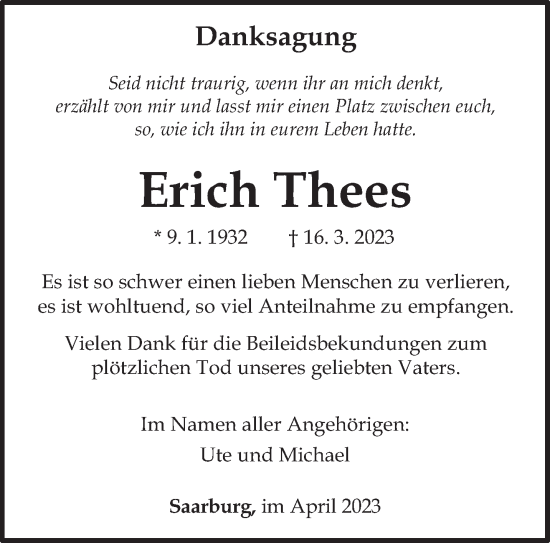 Traueranzeige von Erich Thees von trierischer_volksfreund