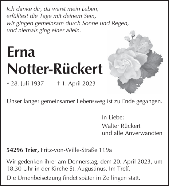 Traueranzeige von Erna Notter-Rückert von trierischer_volksfreund