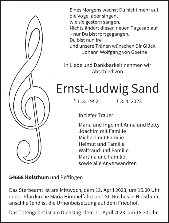Traueranzeige von Ernst-Ludwig Sand von trierischer_volksfreund