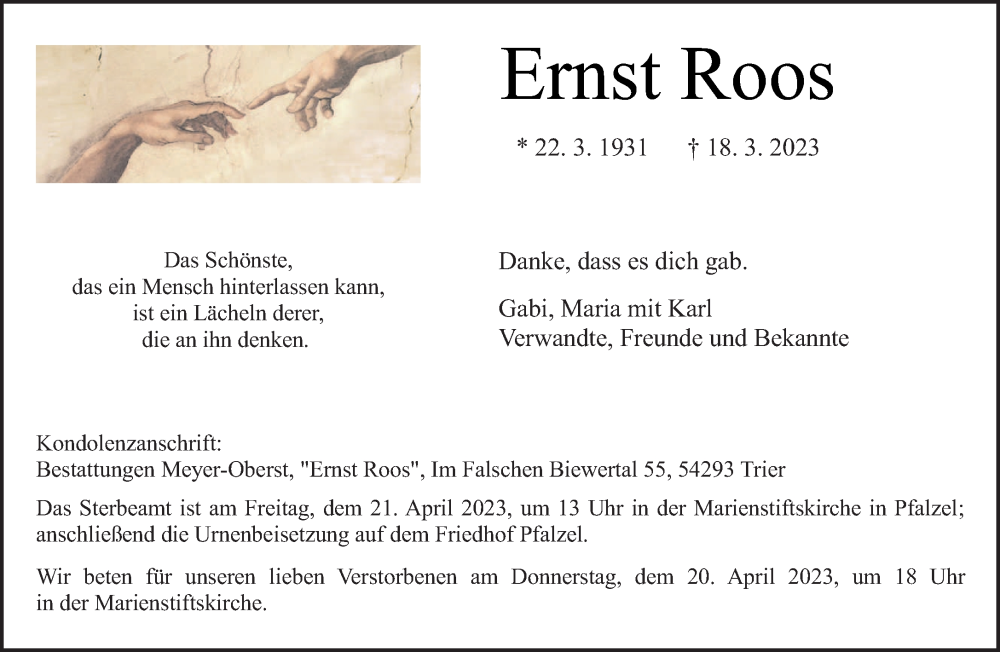  Traueranzeige für Ernst Roos vom 15.04.2023 aus trierischer_volksfreund