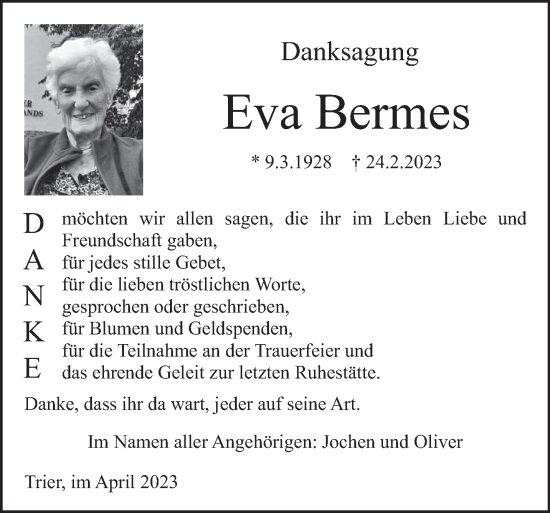 Traueranzeige von Eva Bermes von trierischer_volksfreund