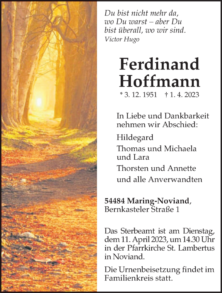  Traueranzeige für Ferdinand Hoffmann vom 05.04.2023 aus trierischer_volksfreund
