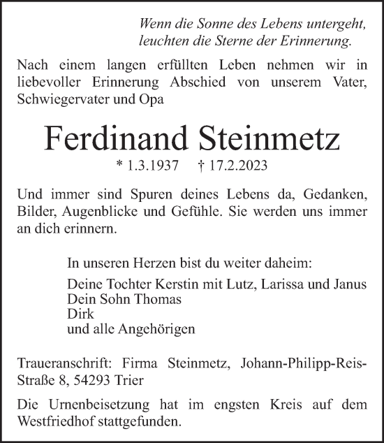 Traueranzeige von Ferdinand Steinmetz von trierischer_volksfreund