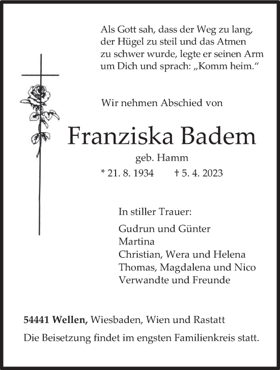Traueranzeige von Franziska Badem von trierischer_volksfreund