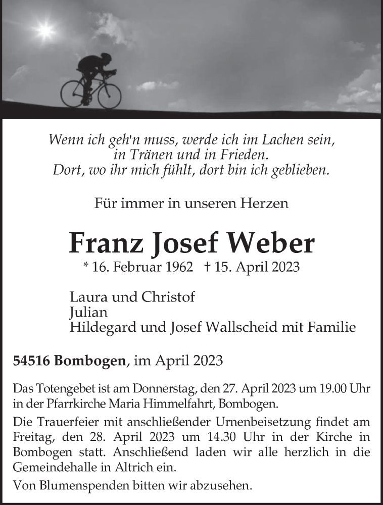  Traueranzeige für Franz Josef Weber vom 22.04.2023 aus trierischer_volksfreund