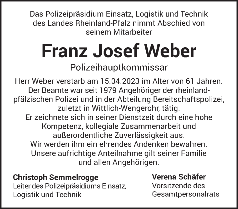  Traueranzeige für Franz Josef Weber vom 22.04.2023 aus trierischer_volksfreund