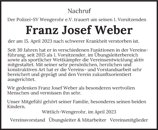 Traueranzeige von Franz Josef Weber von trierischer_volksfreund
