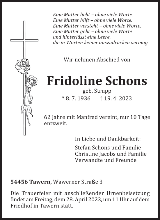 Traueranzeige von Fridoline Schons von trierischer_volksfreund