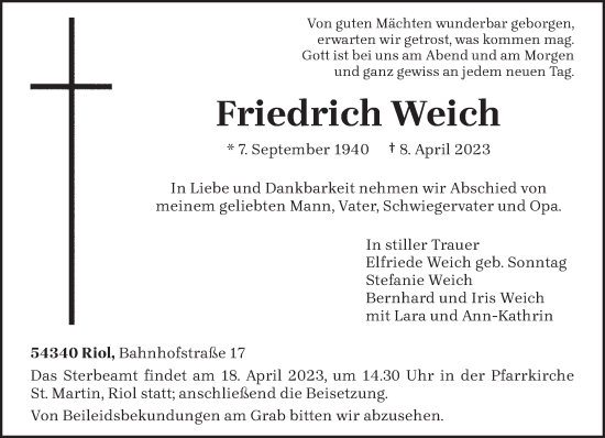 Traueranzeige von Friedrich Weich von trierischer_volksfreund