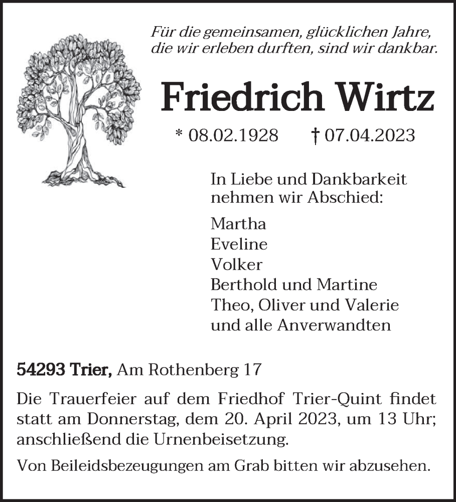  Traueranzeige für Friedrich Wirtz vom 17.04.2023 aus trierischer_volksfreund