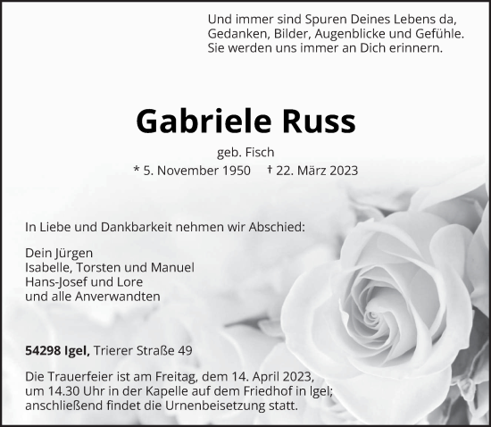 Traueranzeige von Gabriele Russ von trierischer_volksfreund