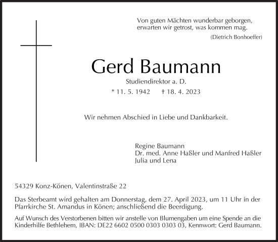 Traueranzeige von Gerd Baumann von trierischer_volksfreund