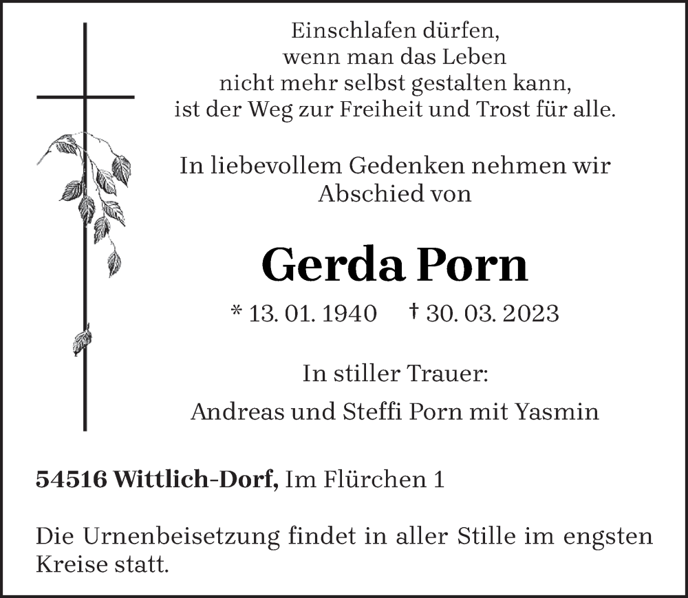 Traueranzeigen von Gerda Porn Volksfreund Trauer de 