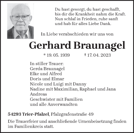 Traueranzeige von Gerhard Braunagel von trierischer_volksfreund