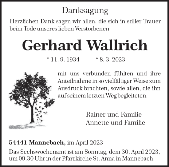 Traueranzeige von Gerhard Wallrich von trierischer_volksfreund