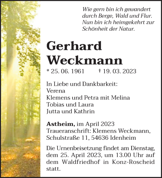 Traueranzeige von Gerhard Weckmann von trierischer_volksfreund