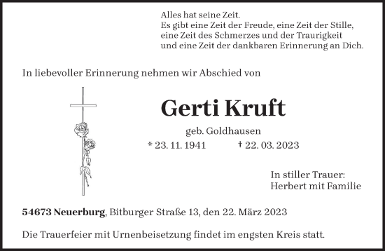 Traueranzeige von Gerti Kruft von trierischer_volksfreund