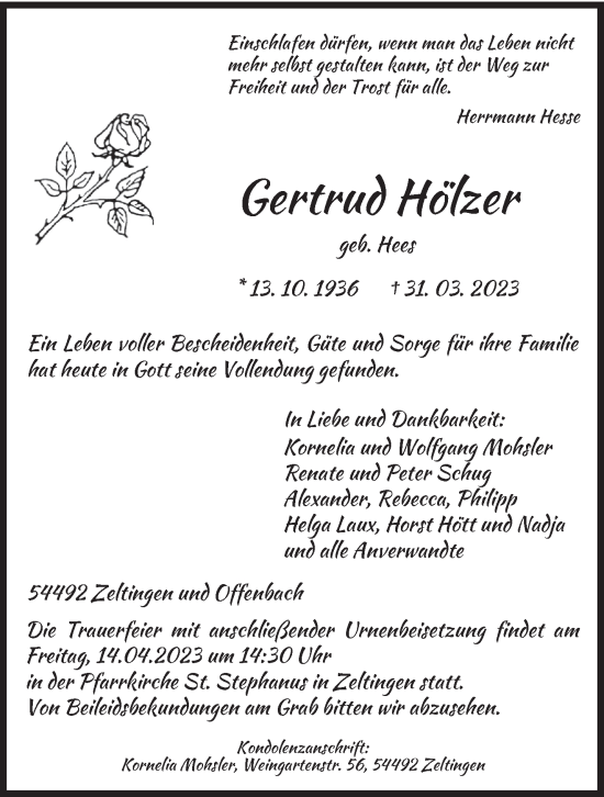 Traueranzeige von Gertrud Hölzer von trierischer_volksfreund