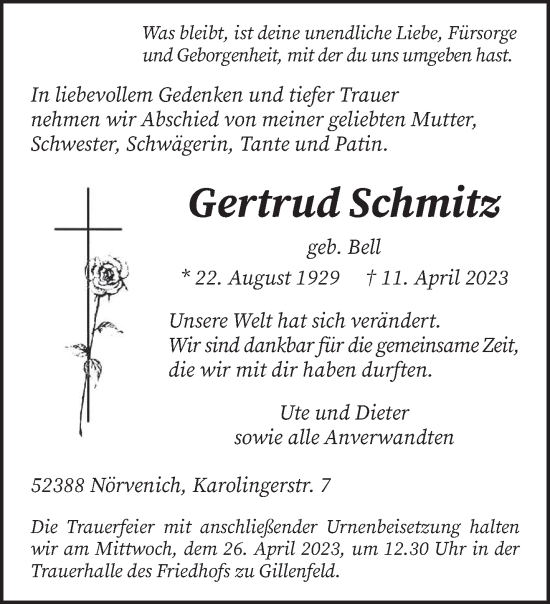 Traueranzeige von Gertrud Schmitz von trierischer_volksfreund
