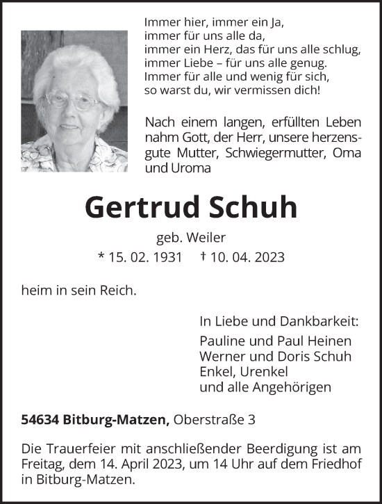 Traueranzeige von Gertrud Schuh von trierischer_volksfreund
