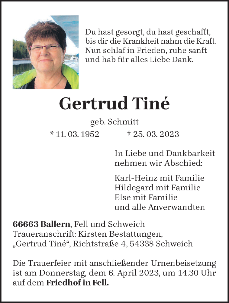  Traueranzeige für Gertrud Tiné vom 01.04.2023 aus trierischer_volksfreund