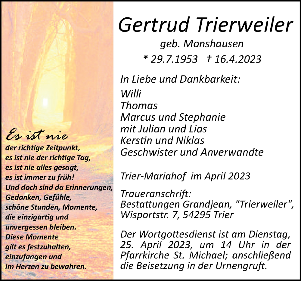  Traueranzeige für Gertrud Trierweiler vom 21.04.2023 aus trierischer_volksfreund