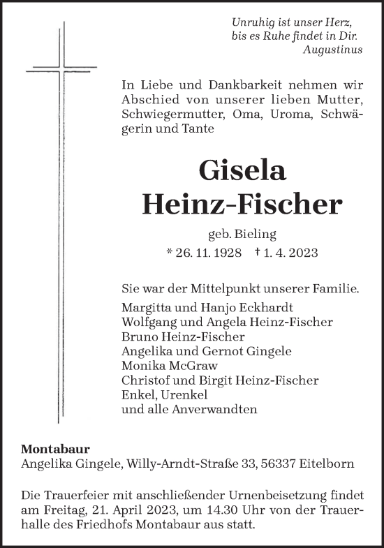 Traueranzeige von Gisela Heinz-Fischer von trierischer_volksfreund