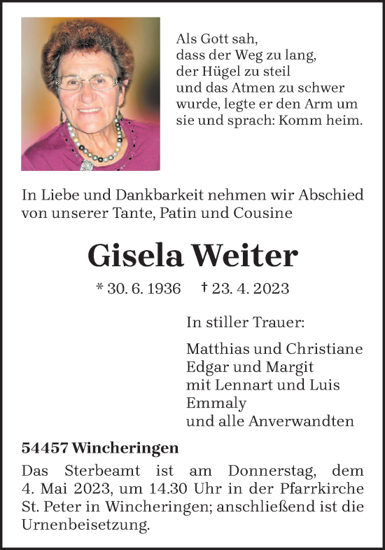 Traueranzeige von Gisela Weiter von trierischer_volksfreund