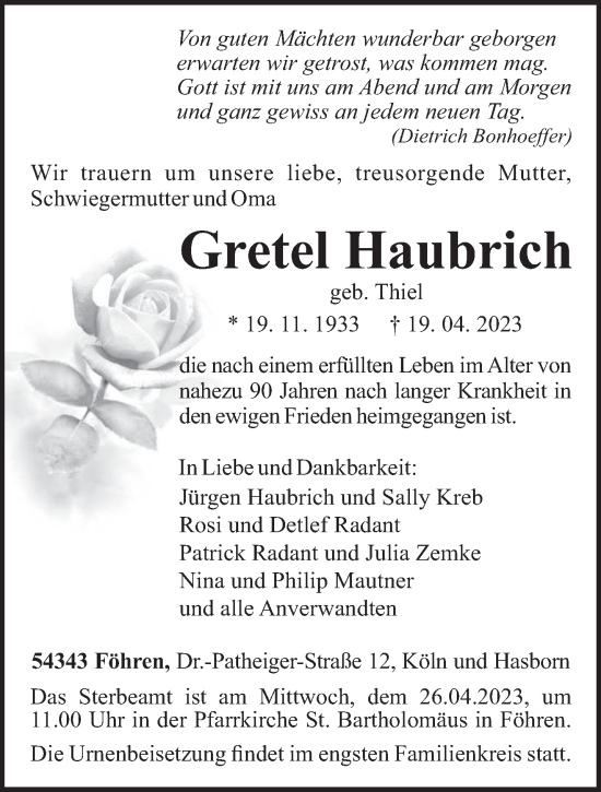 Traueranzeige von Gretel Haubrich von trierischer_volksfreund