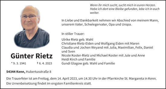 Traueranzeige von Günter Rietz von trierischer_volksfreund