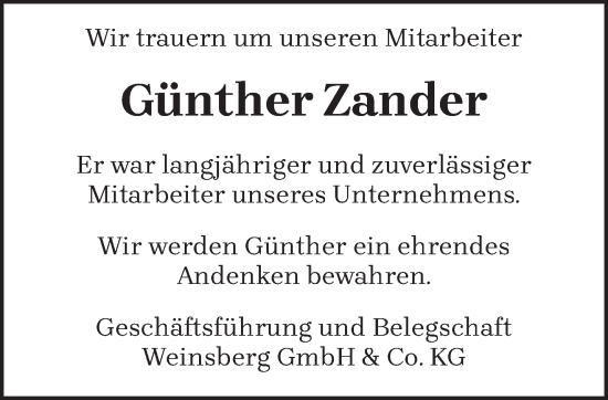 Traueranzeige von Günther Zander von trierischer_volksfreund